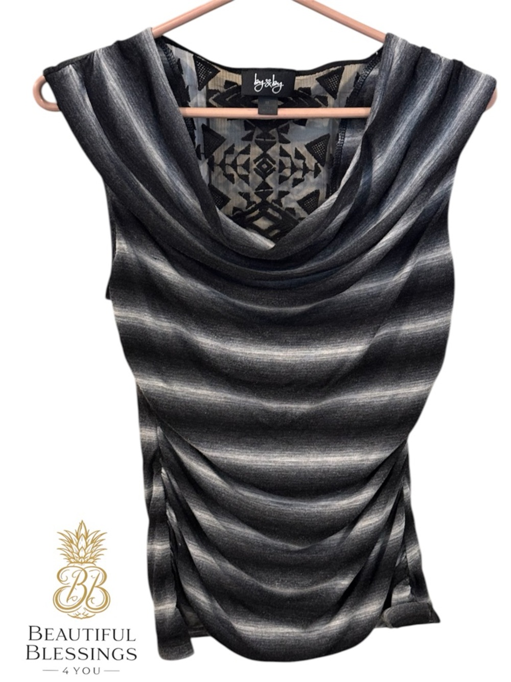 BY&BY Striped Cowl Neck Top in Shades of White, Black, and Gray - Size M